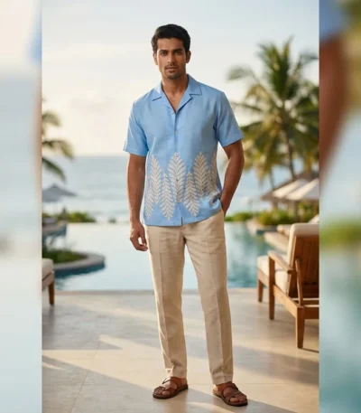 Men's Sky Blue Embroidered Linen Cuban Collar Half Sleeve Shirt (2)