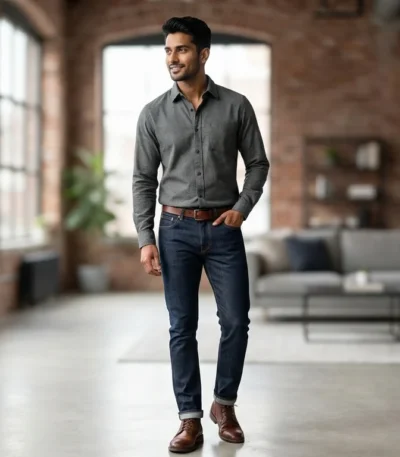 Men’s Slim Fit Charcoal Grey Stone Wash Cotton Shirt (3)