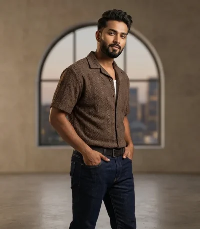 Men’s Textured Brown Cuban Collar Knit Half Sleeve Shirt (2)