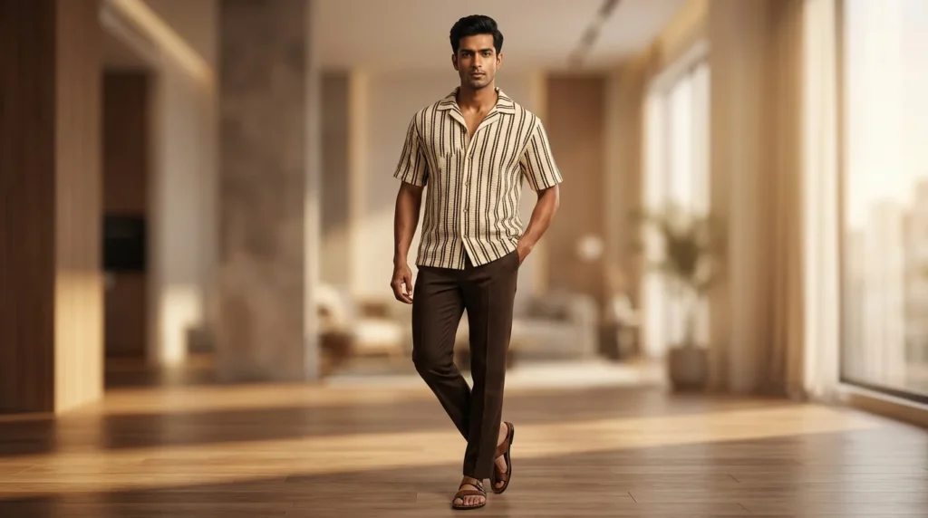 Men's Textured Vertical Stripe Cuban Collar Half Sleeve Shirt (2)