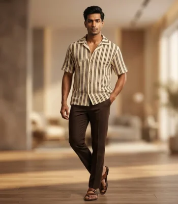 Men's Textured Vertical Stripe Cuban Collar Half Sleeve Shirt (2)