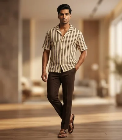 Men's Textured Vertical Stripe Cuban Collar Half Sleeve Shirt (2)