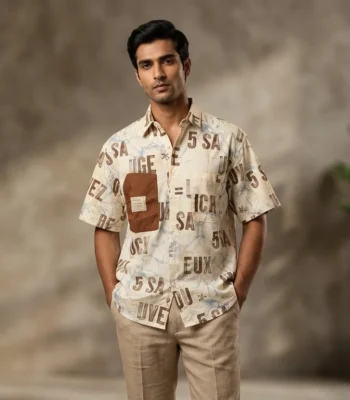 Men's Vintage Typography Print Shirt in Off White and Earthy Brown (1)