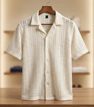 Men’s White Textured Knit Cuban Collar Half Sleeve Shirt (2)