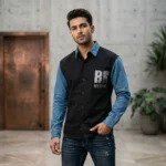 Men’s black and denim blue contrast long sleeve shirt with metallic BR HUMAN branding (1)