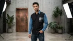 Men’s black and denim blue contrast long sleeve shirt with metallic BR HUMAN branding (1)