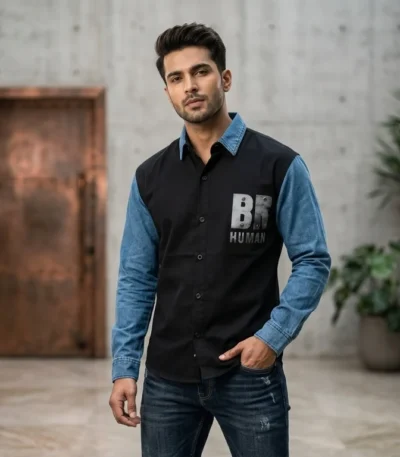 Men’s black and denim blue contrast long sleeve shirt with metallic BR HUMAN branding (1)