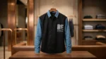 Men’s black and denim blue contrast long sleeve shirt with metallic BR HUMAN branding (2)