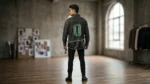 Men's charcoal black denim shirt with green embroidered VICZI patch and asymmetrical hem (1)