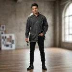 Men's charcoal black denim shirt with green embroidered VICZI patch and asymmetrical hem (2)