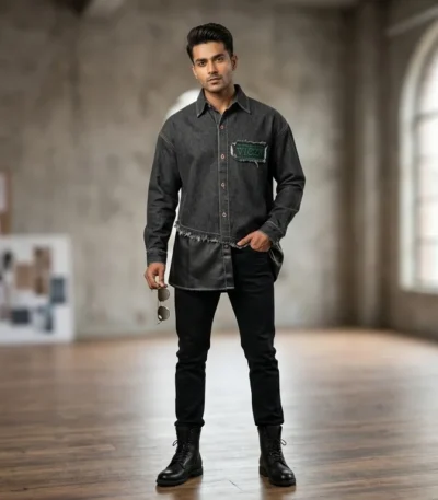 Men's charcoal black denim shirt with green embroidered VICZI patch and asymmetrical hem (2)