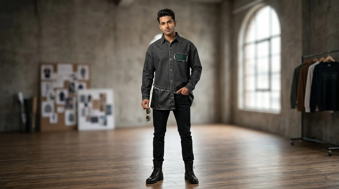 Men's charcoal black denim shirt with green embroidered VICZI patch and asymmetrical hem (2) Men's charcoal black denim shirt with green embroidered VICZI patch and asymmetrical hem (2)