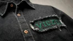 Men's charcoal black denim shirt with green embroidered VICZI patch and asymmetrical hem (3)