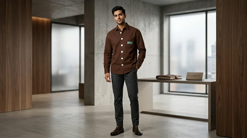 Men’s premium chocolate brown heavy cotton overshirt with green chest patch (1)