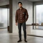 Men’s premium chocolate brown heavy cotton overshirt with green chest patch (1)