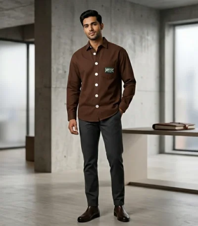 Men’s premium chocolate brown heavy cotton overshirt with green chest patch (1)