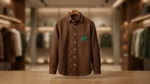 Men’s premium chocolate brown heavy cotton overshirt with green chest patch (2)