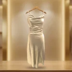 Metallic Gold Cowl Neck Ruched Midi Dress for Women (2)