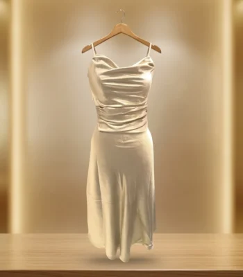 Metallic Gold Cowl Neck Ruched Midi Dress for Women (2)