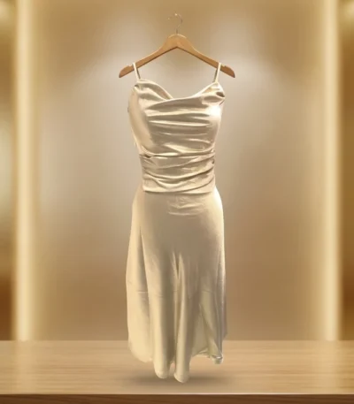 Metallic Gold Cowl Neck Ruched Midi Dress for Women (2)