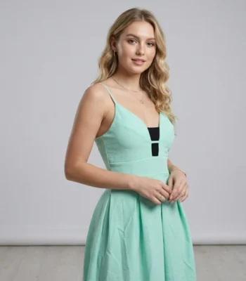 Mint Green Textured Crepe A Line Cocktail Dress for Women (2)