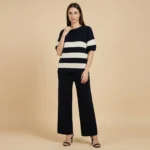 Navy & White Striped Ribbed Knit Co ord Set for Women Relaxed Fit (1)