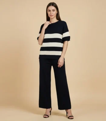 Navy & White Striped Ribbed Knit Co ord Set for Women Relaxed Fit (1)