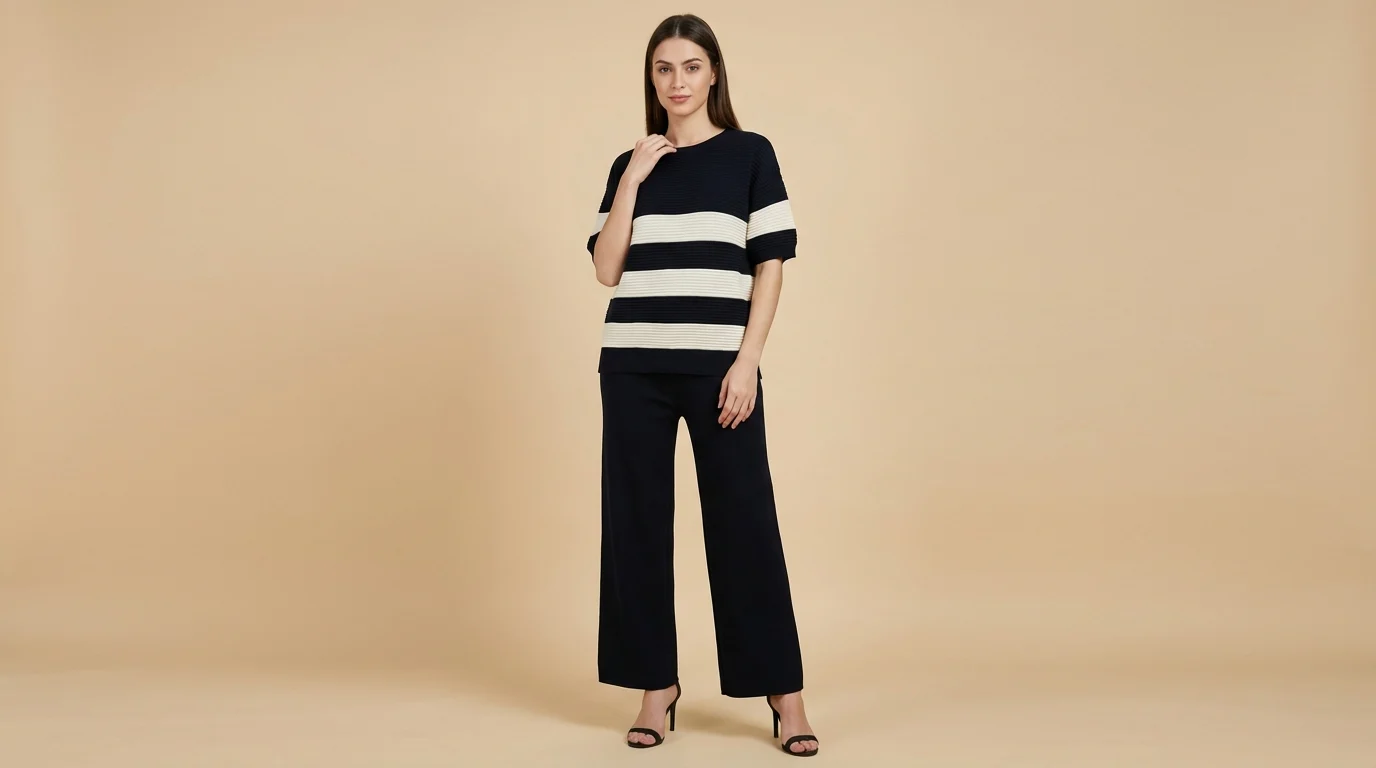 Navy & White Striped Ribbed Knit Co ord Set for Women Relaxed Fit (1) Navy & White Striped Ribbed Knit Co ord Set for Women Relaxed Fit (1)