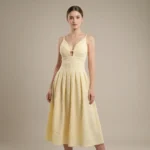 Pale Yellow Textured V Neck A Line Midi Dress for Women (1)