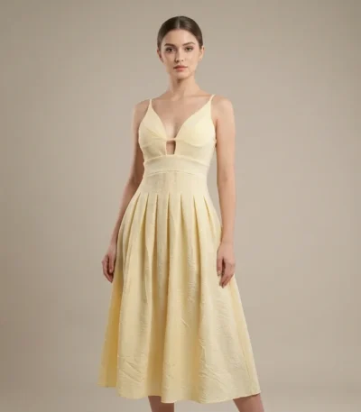 Pale Yellow Textured V Neck A Line Midi Dress for Women (1)