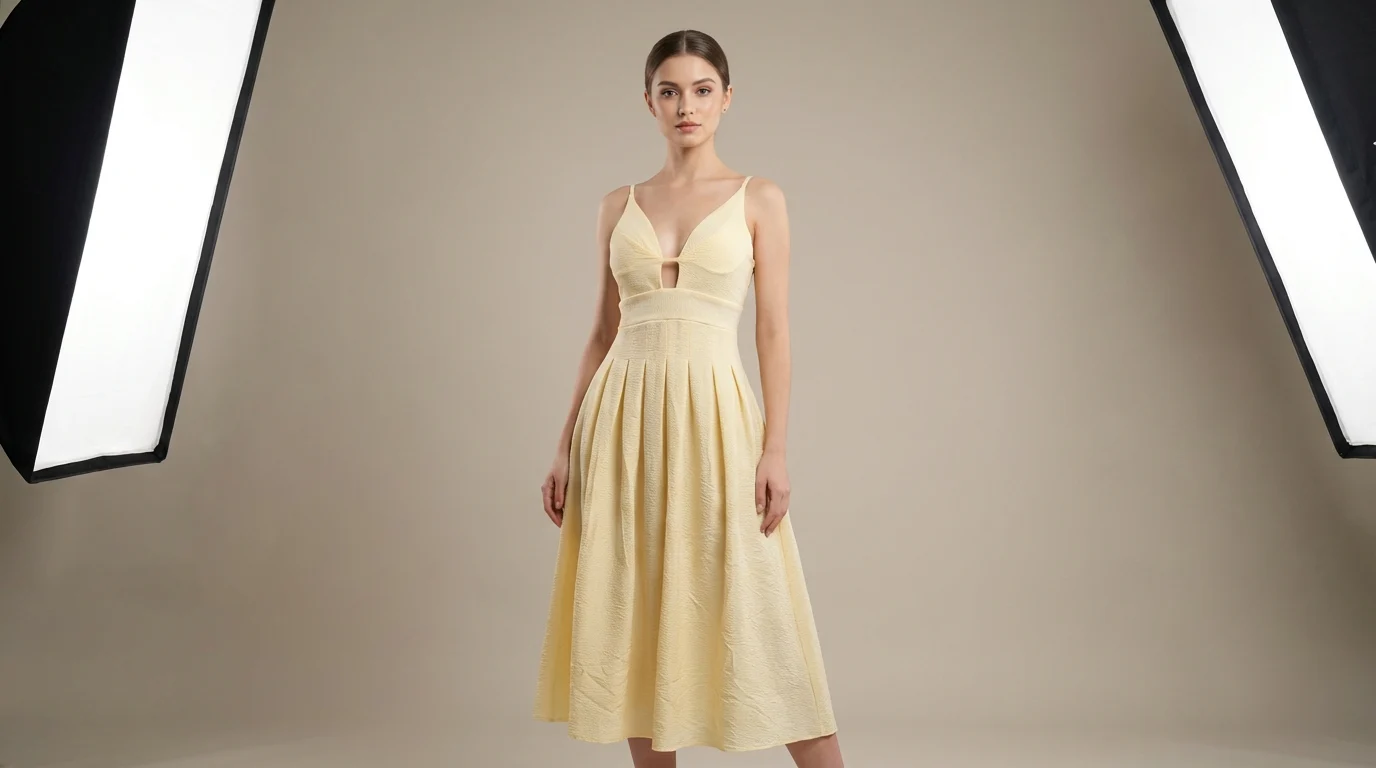 Pale Yellow Textured V Neck A Line Midi Dress for Women (1) Pale Yellow Textured V Neck A Line Midi Dress for Women (1)