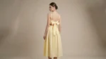 Pale Yellow Textured V Neck A Line Midi Dress for Women (4)
