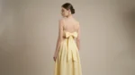 Pale Yellow Textured V Neck A Line Midi Dress for Women (5)