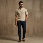 Premium Beige Ribbed Knit Polo T Shirt for Men Slim Fit Half Sleeve (2)