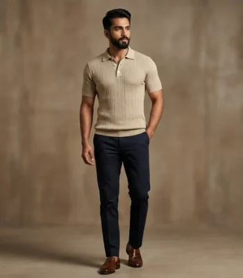 Premium Beige Ribbed Knit Polo T Shirt for Men Slim Fit Half Sleeve (2)