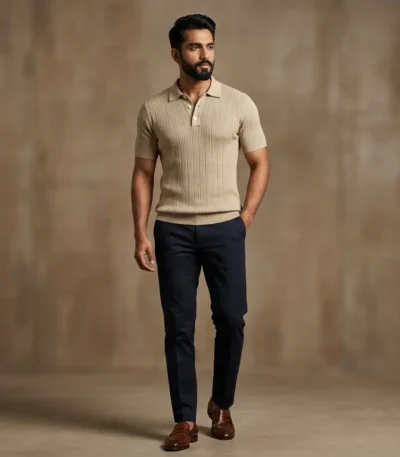 Premium Beige Ribbed Knit Polo T Shirt for Men Slim Fit Half Sleeve (2)