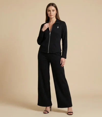 Premium Black Corduroy Zip Up Jacket and Wide Leg Trousers Co ord Set (1)