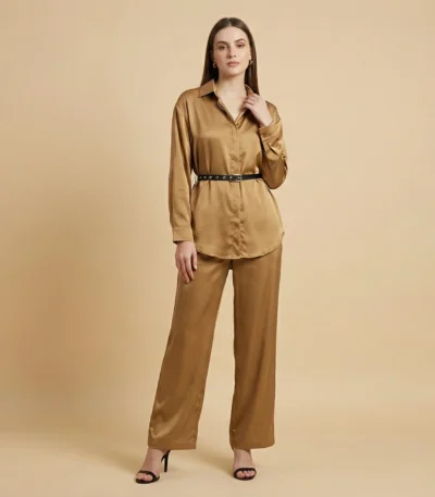Premium Bronze Satin Co ord Set with Waist Belt for Women (1)