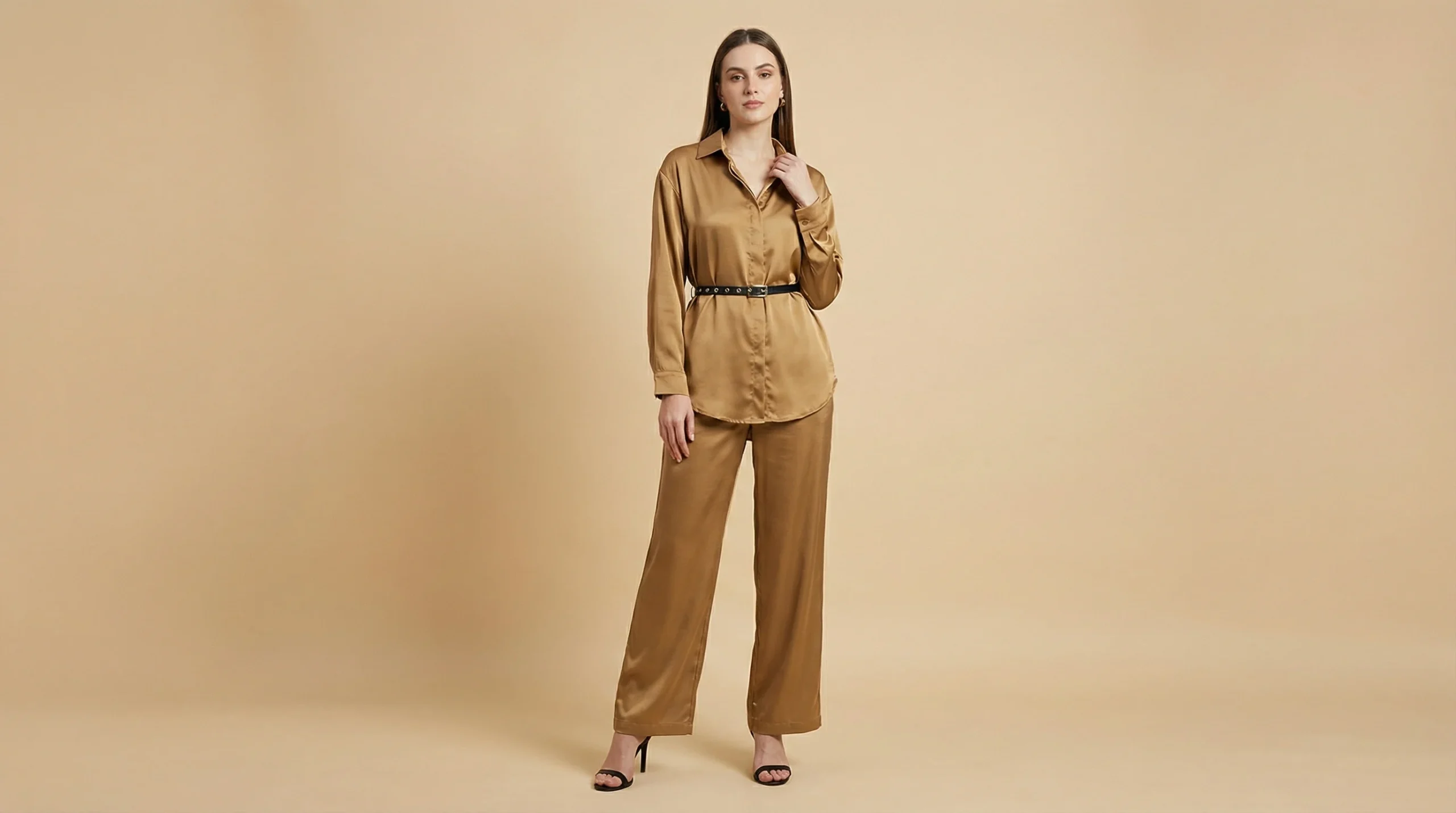 Premium Bronze Satin Co ord Set with Waist Belt for Women (1) Premium Bronze Satin Co ord Set with Waist Belt for Women (1)