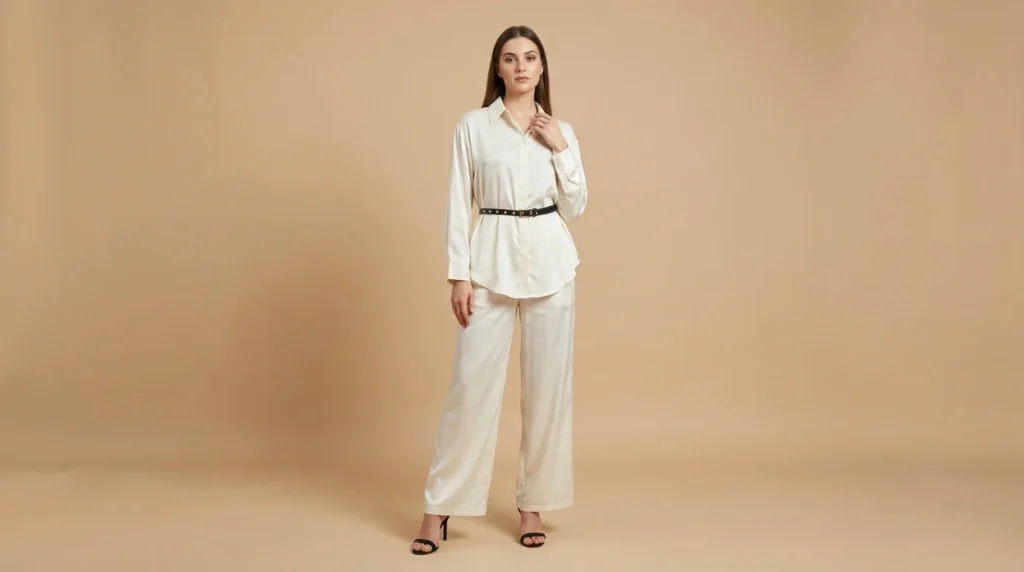 Premium Ivory Satin Co ord Set with Pointed Collar Shirt and Trousers (1)