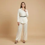 Premium Ivory Satin Co ord Set with Pointed Collar Shirt and Trousers (1)