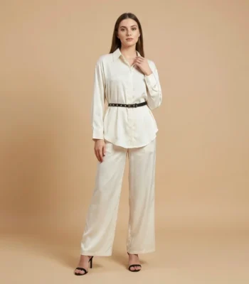 Premium Ivory Satin Co ord Set with Pointed Collar Shirt and Trousers (1)