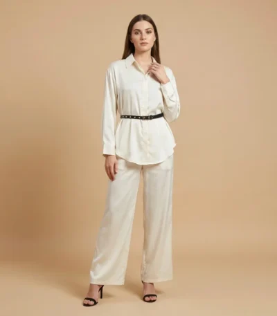 Premium Ivory Satin Co ord Set with Pointed Collar Shirt and Trousers (1)