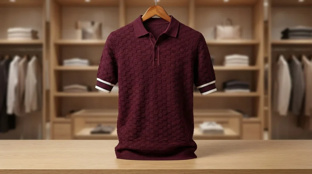 Premium Men’s Maroon Textured Knit Polo T Shirt Slim Fit (3)