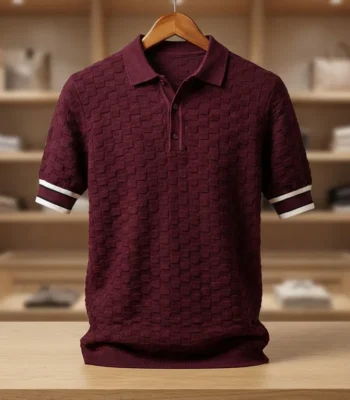 Premium Men’s Maroon Textured Knit Polo T Shirt Slim Fit (3)