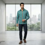 Premium Men's Teal Plaid Zippered Overshirt Regular Fit (4)