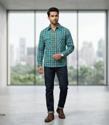 Premium Men's Teal Plaid Zippered Overshirt Regular Fit (4)