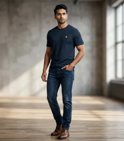 Premium Navy Textured Waffle Knit Men's Crew Neck T Shirt (3)