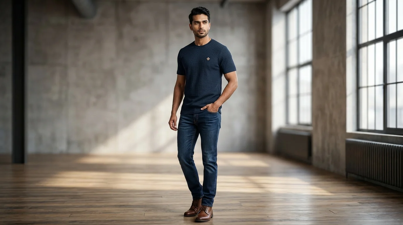 Premium Navy Textured Waffle Knit Men's Crew Neck T Shirt (3) Premium Navy Textured Waffle Knit Men's Crew Neck T Shirt (3)