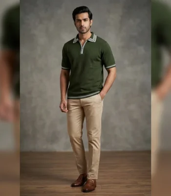 Premium Olive Green Zip Neck Knit Polo T Shirt for Men (2)